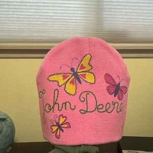 Girls Pink John Deere Beanie Butterflies